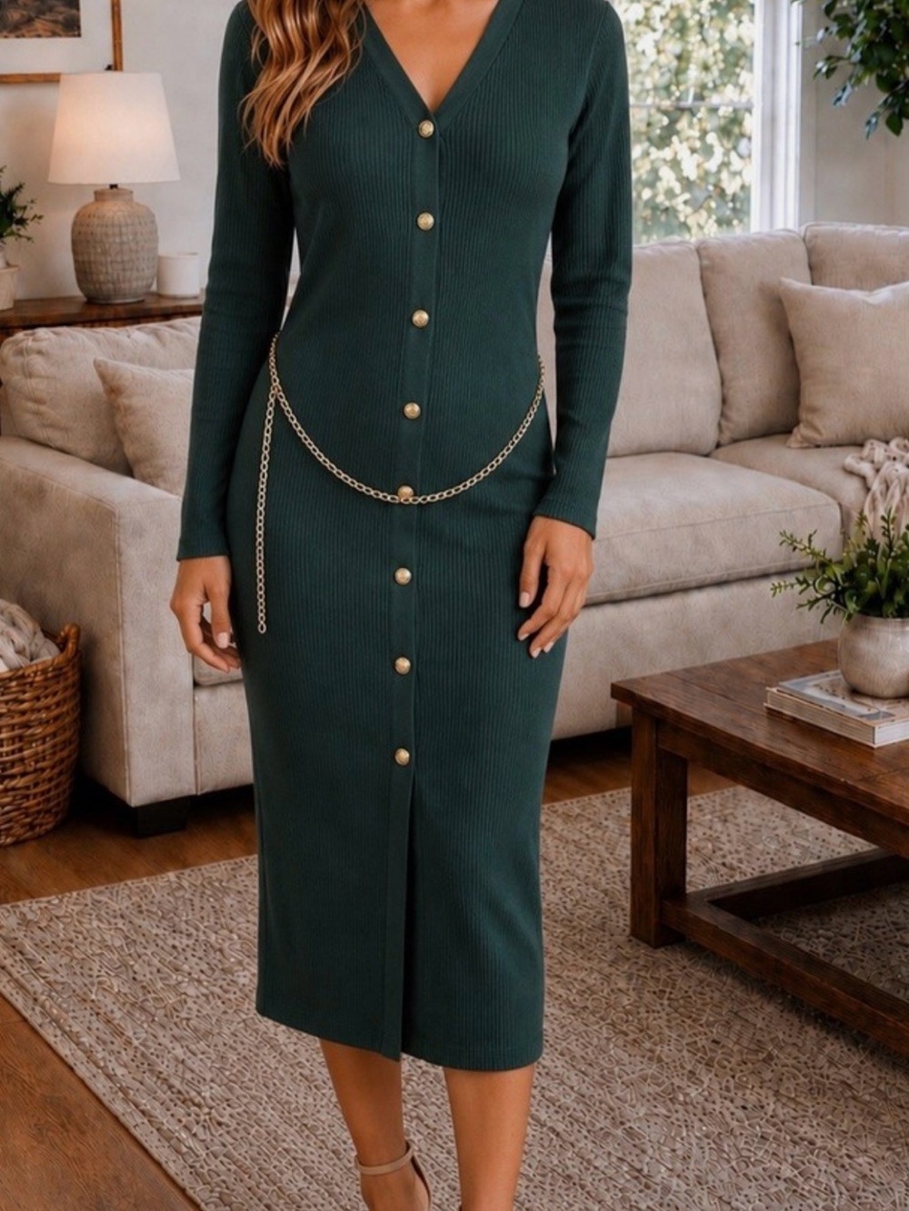 NWT Madden Girl Forest Green Ribbed Button-Front Midi Dress with Chain Belt